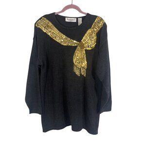 Vintage Sequin Knit Sweater Black M Beaded Festive Holiday Retro 90s Fringe Chic